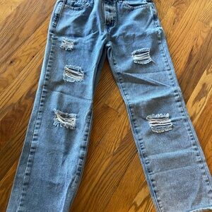 SHEIN Blue Distressed Straight-Leg Jeans